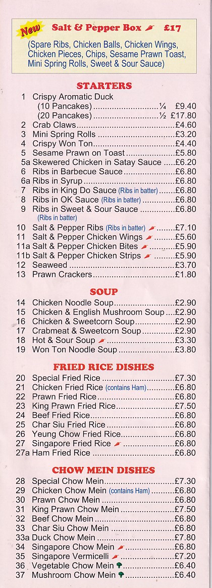 Menu of Golden Bay Chinese Rhyl